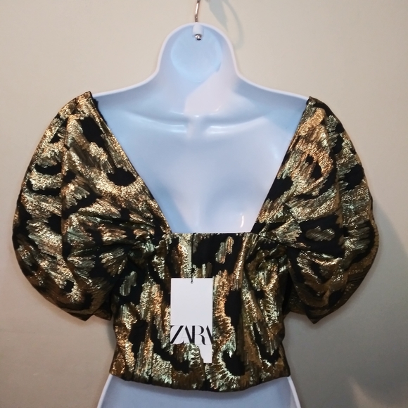 Zara Black & Gold Lame´ Puffed Sleeve Special Occasion Cropped Top - Picture 9 of 15